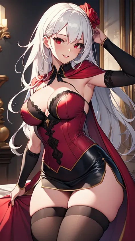 masterpiece, best quality, solo girl, white hair, red eyes, long hair, medium breasts, sexy body and face, wavy hair, smile, parted lips, red lips, ribbon, crown of thorns, thorns, (red cape, dress flower), detached sleeves, hair flower, hair ornament, lon...