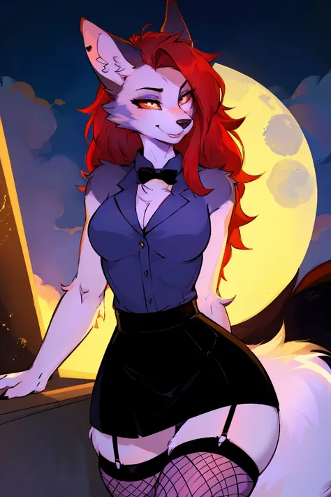 (Wolf_girl:1.2),Beautiful figure,Height 193 cm,Long flowing red hair, close_up,(Fluffy anthropomorphic furry :1.6),curls,fur,Neck hair,Extremely fine fur,(Business skirts:1.2), Fishnet stockings,(Garter:1.2), aldult, 33 years old, Mature, Solitary, only, S...