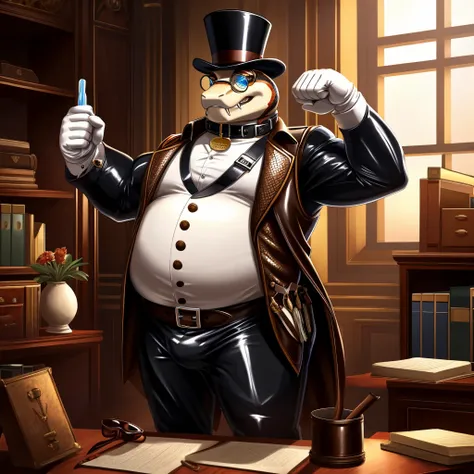 Solo, Male, fat, extremely obese, gentleman, dapper Professor Snake with fangs, blue eyes, (posing:1.3), (soft shading), 4k, hi res, ((detailed face, detailed)), looking at viewer, mouth wide open, steampunk, dapper clothing, collared shirt with buttons, t...