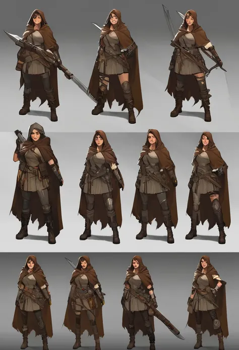 a post-apocalyptic warrior woman with a large melee weapon and with a brown worn cloak, digital art style, variations of faces, ...