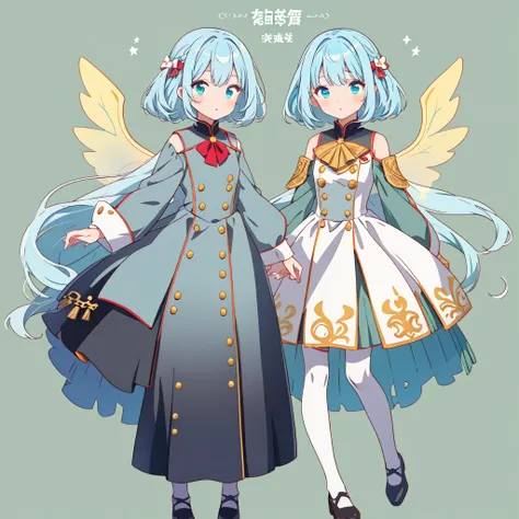 1girl、Star Fairy、Star incarnation、Character design front view、A picture facing the viewer、uhlan tunic,(((Super detailed、Highest quality、Masterpiece)))、Original cute hairstyle、Milky white and blue hair color、Anime Girls, All Black Uniform, Gold Button, Long...