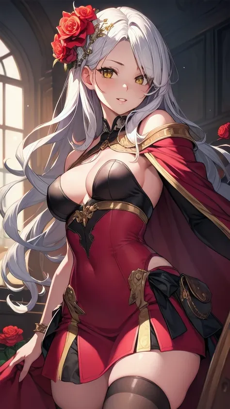 masterpiece, best quality, solo girl, silver hair, yellow eyes, long hair, medium breasts, sexy body and face, wavy hair, smile,...