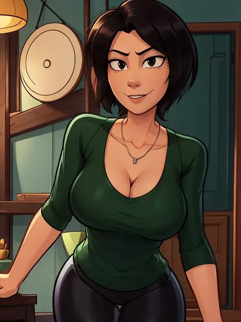 aunt cass hamada from big hero 6, green low-cut t-shirt, black leggings, cleavage, kind friendly expression, facing camera, slen...