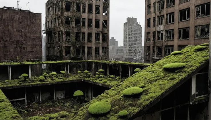 (a post-apocalyptic city covered with moss and futuristic small reptile-like creatures),dystopian atmosphere, abandoned buildings, crumbling infrastructure, twisted metal, overgrown vegetation, desolate streets, eerie silence, decaying graffiti, ruins, and...