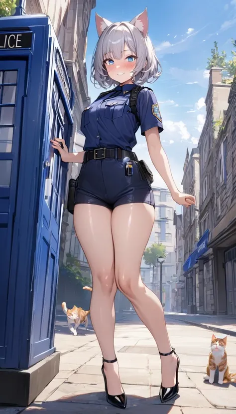 1girl、(((best quality)), ((masterpiece)), (details), masterpiece, best quality, high quality, ulutra detailed, perfect face, ((1girl, Blue eyes, cat ears: 1.3 silver bob hair: 2.5,)) 、Shiny Hair、Glowing Skin、blush、Lustful look、whole body、Police Officer Cos...