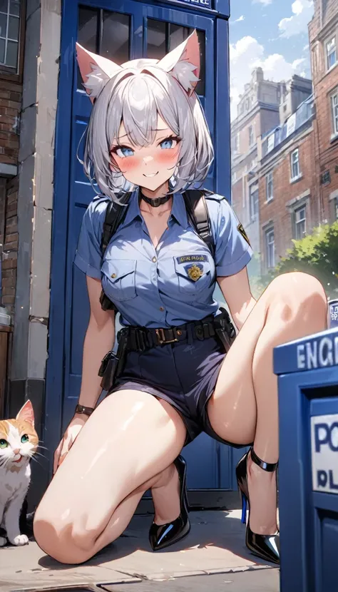 1girl、(((best quality)), ((masterpiece)), (details), masterpiece, best quality, high quality, ulutra detailed, perfect face, ((1girl, Blue eyes, cat ears: 1.3 silver bob hair: 2.5,)) 、Shiny Hair、Glowing Skin、blush、Lustful look、whole body、Police Officer Cos...