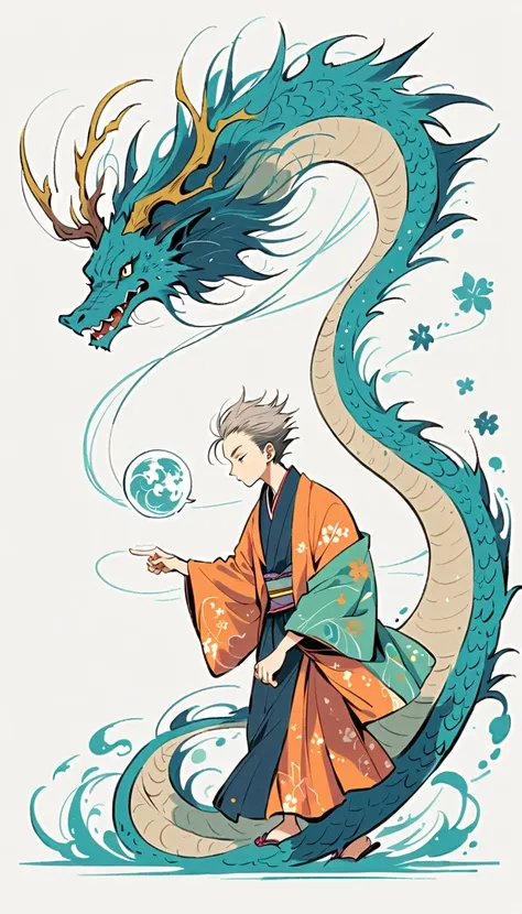 white background, Fujichoco style, kimono, Handsome man, (((the coolest man))),  gray hair, ((Dragon, wind)), simple background, Simple line initialism, full body, 