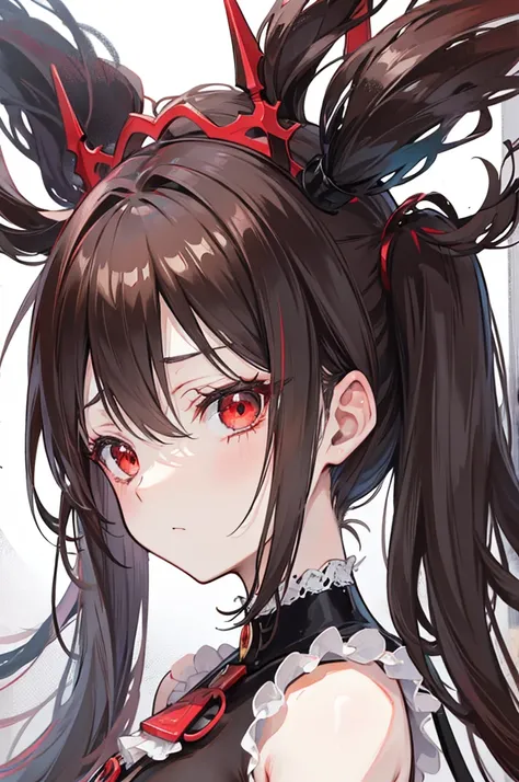 brown short twintails, miss, portrait, Black color , pretty girl, Grumpy, red eyes, Dodoham, small breasts, indifferent expression