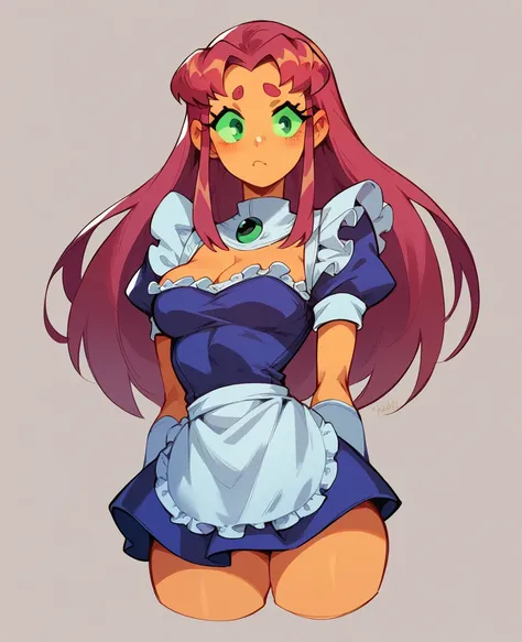 starfire from the teen titans wearing a maid uniform while standing looks at her master with a submissive look