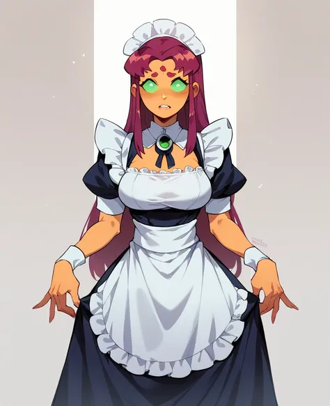 starfire from the teen titans wearing a maid uniform while standing looks at her master with a submissive look