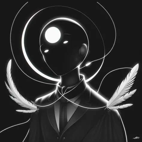 Crooked first man, feather, string, drone, in noir art style
