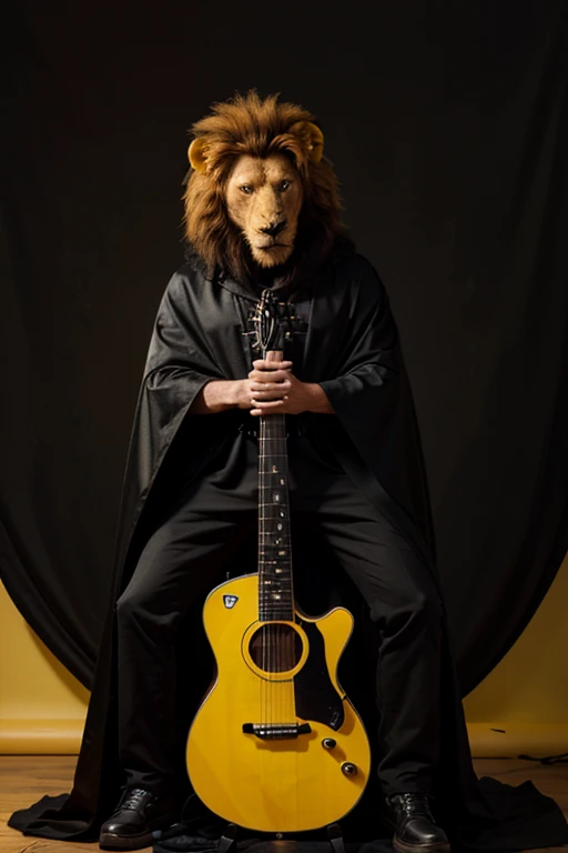 An animated lion standing in a black cape with yellow edges and a guitar in his hand