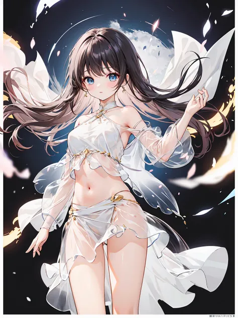  best quality, Masterpiece, (single:1.2), (1 female:1.2)、Age 25、Breasts get bigger、(Slender figure)、(thigh)、(side)、Belly button、(As soon as you jump:1.2)、(See-through clothes:1.2)、White off-the-shoulder shirt、(white skirt:1.2)、(White highlights in the pupi...