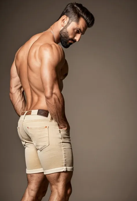 Beautiful  man 30 years old,  muscular body, full body , barba rala, mas seu rosto esta iluminado pela fogueira. ((Beige Jeans shorts)) ((backside)) Bent over 