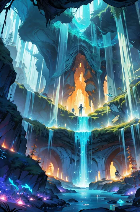 Create a scene of an underground world lit by luminescent crystals. Huge stalactites and stalagmites, covered in bioluminescent moss, form a natural labyrinth. A river of lava snakes through the ground, illuminating the cave with its warm glow. At the cent...