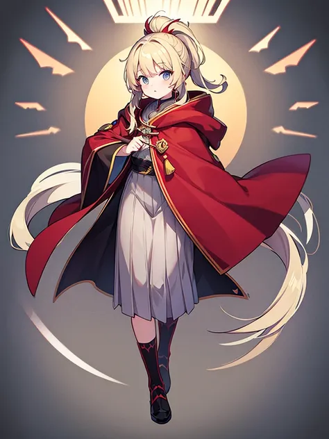 Full-body portrait、Fluffy hair、Blonde、Short ponytail、Grey sweater、Red cloak