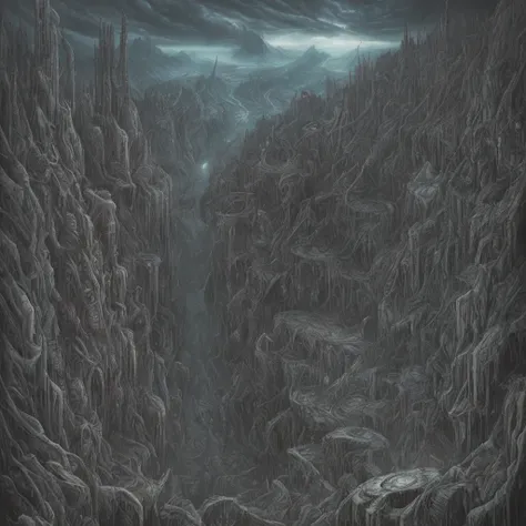 view from the top of the peak, a futurist dark valley in ruin, evil creatures, cosmic horror, abyss view, madness, thorns, spiked walls. Creepy illustration, Horror art, hyperdetailed painting, color drawing, art by Derek Riggs and HR Giger