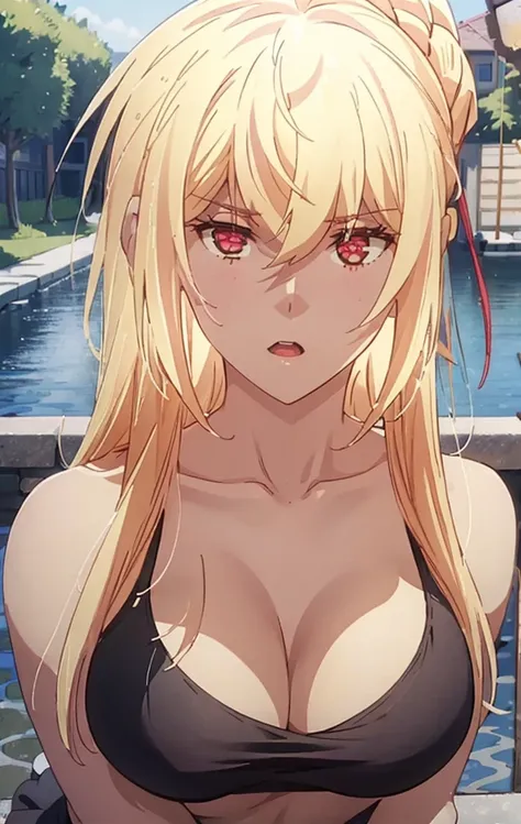 Masterpiece, best quality, highly detailed, highres, 8K, natural lighting, 1 girl, blonde hair, ahoge, ruby eyes, huge breast, black tank top, mini short pants, she wet, sexy pose, outdoor , detailed eyes, perfect eyes colors, full body shoot, detailed eye...