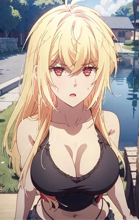 Masterpiece, best quality, highly detailed, highres, 8K, natural lighting, 1 girl, blonde hair, ahoge, ruby eyes, huge breast, black tank top, mini short pants, she wet, sexy pose, outdoor , detailed eyes, perfect eyes colors, full body shoot, detailed eye...