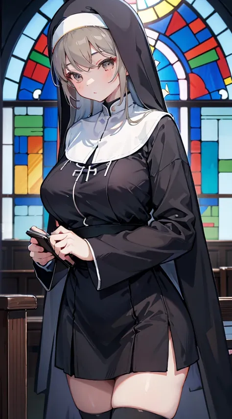 nun，nun服，黑白nun服，Colored hair，nun头巾，Big breasts，Full of figure，Church Background，Stained window glass，Mosaic art background，Repairing Children，高开叉nun长袍，Absolute Domain，thigh，thigh，thigh，黑白Knee socks，黑白Knee socks，Knee socks，nun长袍，Cheongsam style hem，Robe hem...