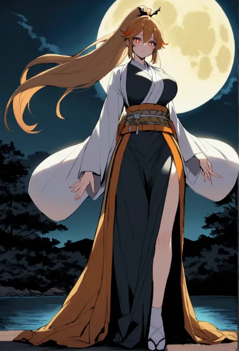 Anime girl with big breasts tall hair with a tall ponytail with orange highlights 6 red eyes with a kanij on it yellow pupils wearing same outfit as Kokushibo from demon slayer anime and a katana walking at night Im front of lake under the moon 