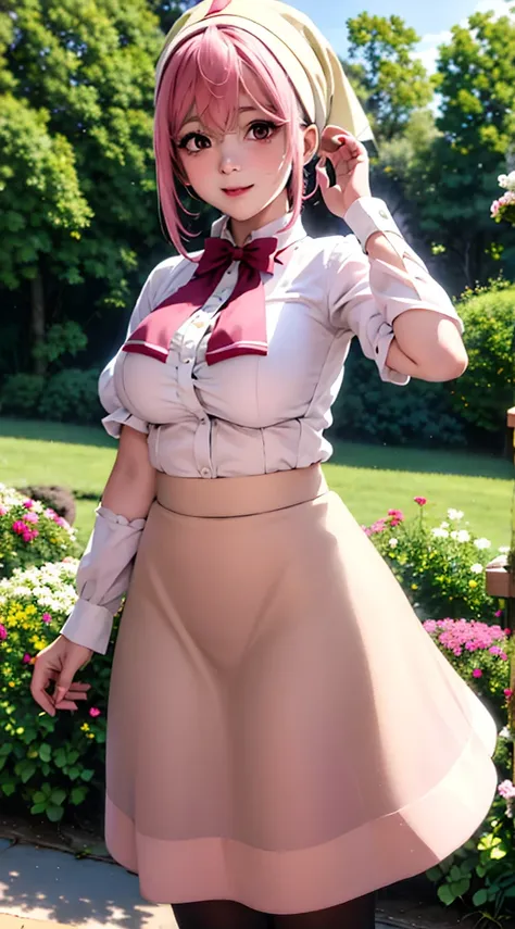 aruraru medium breasts, pink hair, ahoge, (head scarf:1.2), white shirt, (red bow), (cream skirt), (strap skirt), kneehigh skirt, beautiful face, pink eyes, smile, black pantyhose, outdoors, field, (complex background, many elements in the background:1.3),...