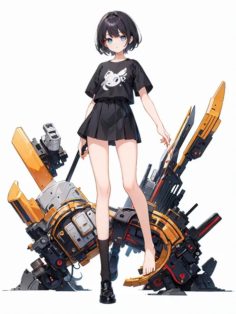 Full body ,dynamic Standing ,(เหมือนจริง:1.37)、1girl, solo, blue eyes, (detailed eyes), flat chest, short hair, black hair, ((black t-shirt)), simple t-shirt, black skirt, black socks, standing, upper body, (white background), Transparent background, looki...