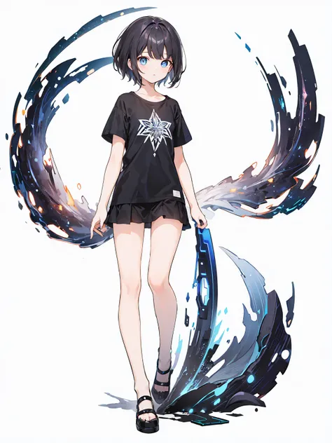 Full body ,dynamic Standing ,(เหมือนจริง:1.37)、1girl, solo, blue eyes, (detailed eyes), flat chest, short hair, black hair, ((black t-shirt)), simple t-shirt, black skirt, black socks, standing, upper body, (white background), Transparent background, looki...