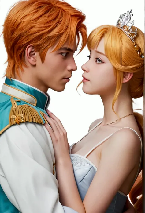 Teenage man, orange hair, anime style, prince of the place, having sex with a teenage woman, Blonde, anime style, is the princess