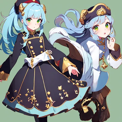 1girl、Star Fairy、Star incarnation、Character design front view、A picture facing the viewer、uhlan tunic,(((Super detailed、Highest quality、Masterpiece)))、Original cute hairstyle、Milky white and blue hair color、Anime Girls, All Black Uniform, Gold Button, Long...