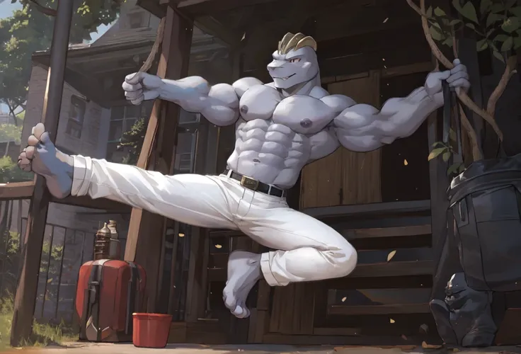 (((barefoot furry character, full body, cinematic setting, furry male, plantigrade))) 

(((machoke))) as capoeira fighter, ((pok...