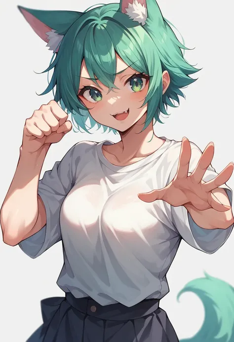 a closeup of a cartoon character with fox ears, fox girl, mikudayo, anime moe art style, Cat Mimi, short hair, anime girl with teal hair, dominant pose