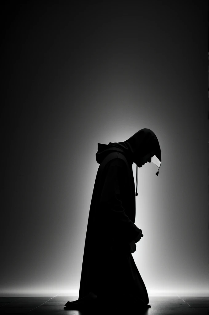 Silhouette of 1 kneeling man, hooded robe dress, dark background, Grayscale