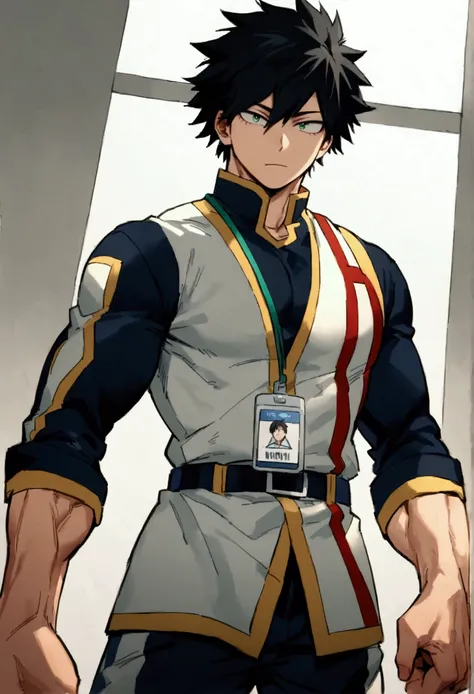 He is a 17 year old teenager, He has slightly disheveled very black hair..., somewhat light green eyes, (front angle ), (Student id card my hero academy)  , muscular body , He is dressed in the anime uniform. "my hero academia"