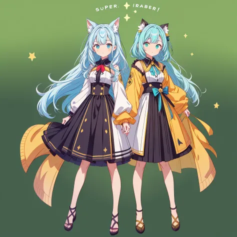 1girl、Star Fairy、Star incarnation、Character design front view、A picture facing the viewer、(((Super detailed、Highest quality、Masterpiece)))、Original cute hairstyle、Milky white and blue hair color、Anime Girls, All Black Uniform, Gold Button, Long skirt, Smal...