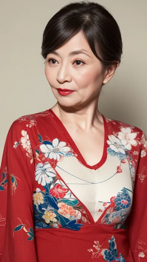 Mature Woman, 120 years old, Japanese painting, senior citizen, Draw lips correctly, Red lipstick, No discomfort, 16K, Highest quality, Very detailed, Realistic, Very detailed肌, (Japanese), alone, Huge breasts, Mature Madam, Glamour, sexy, Chromo White Ski...