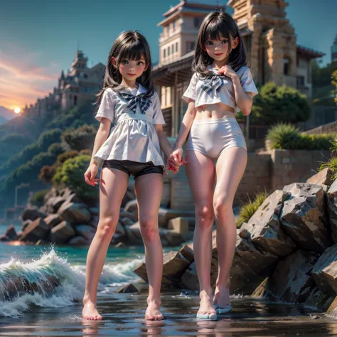  Masterpiece of ProfessionalPhoto ((ExtremelyDetailed (12 PICHIPICHI KAWAII Girls Floating in The Air in a row:1.37) in WHITE at Dusk Enoshima Beach)), {(Standing Full Body:1.2)|(from below:1.2)|Detailed KAWAII face}, Different types of hair colors, {(skin...