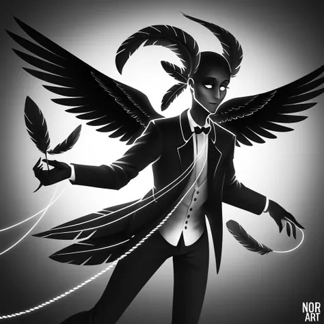 Crooked first man, feather, string, drone, in noir art style
