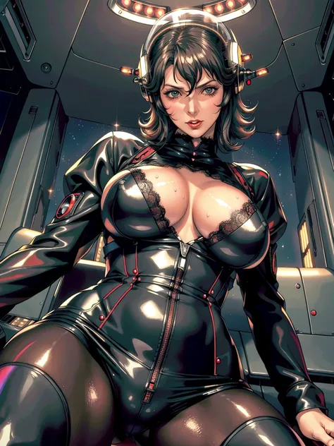 ((gothic vampire piloting in gothic spacecraft)), (((retro anime))), ((from below)), ((120 fov)), ((((gothic)) control panels)), (((mature))), (((gothic))), iridescent bodysuit, (((lace accessories))), ((pilot seat)), ((((lying back)) pose)), (((elegant)))...