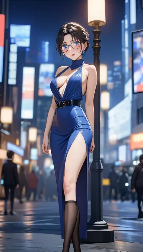 (best quality,4K,8k,high resolution,masterpiece:1.2),Super detailed,Practical,photoPractical:1.37,full-body photo,gold square glasses,City street background,Blue Background,Blue foreground,Depth of Field,From the right,Looking at the audience,blush,lipstic...