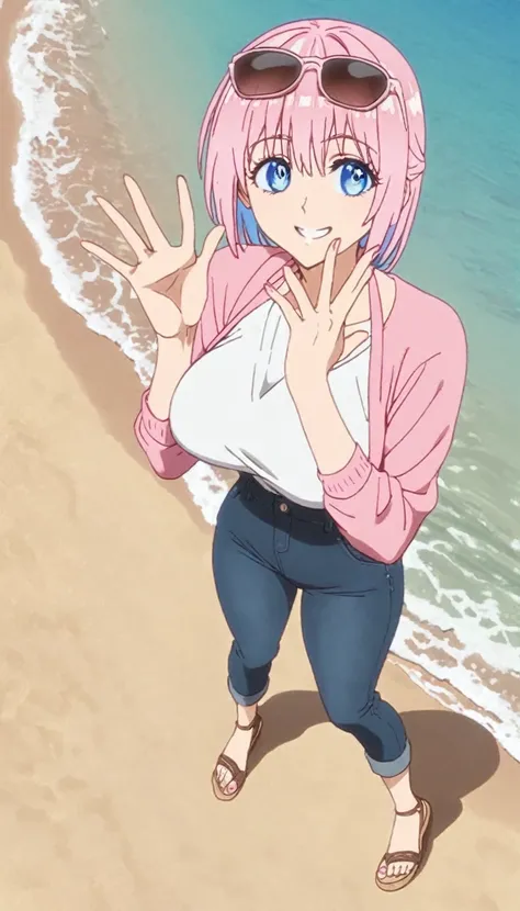 Shikimori, pink fur, blue eyes, detailed, sunglasses on the beach with casual clothes, big breasts, smile on face full body, 5 fingers on each hand,