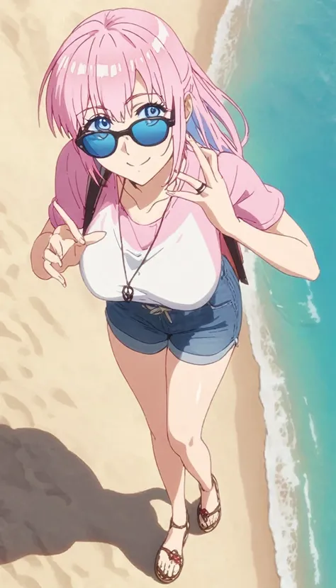 Shikimori, pink fur, blue eyes, detailed, sunglasses on the beach with casual clothes, big breasts, smile on face full body, 5 fingers on each hand,