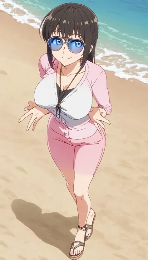 Shikimori, pink fur, blue eyes, detailed, sunglasses on the beach with casual clothes, big breasts, smile on face full body, 5 fingers on each hand,