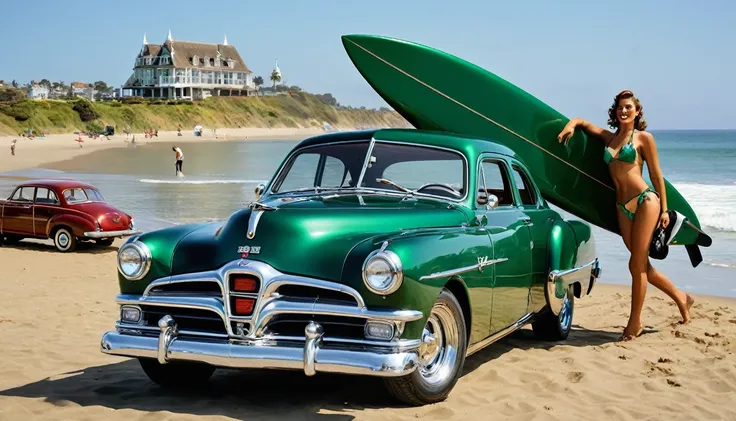 ((A realistic photo of a 1952 Dodge Kingsway Custom)),British Racing Green color with chrome mag wheels, parked at a surf beach on a summers day, best quality, very hi definition, 8k, Surfboards and bikini Girls standing next to the car, a 1950s poster,