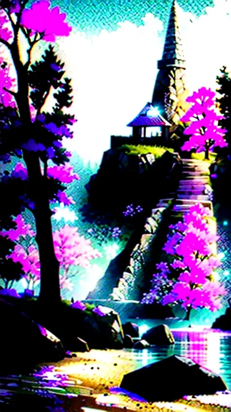 an amazing pink tree on a rock on the beach, in the style of realistic representation of light, walkway, Faith-inspired art, Abandoned spaces, scenes full of light, immersive environments, flower and nature motifs --ar 14:25  