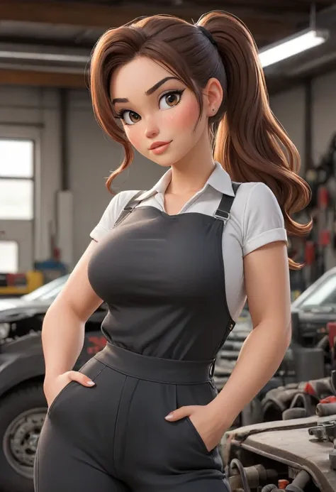 brown hair, ponytail, , huge breasts, cleavage, sexy mechanic, in a garage, (perfect hands:1.1)  (extreme far shot, full body, z...