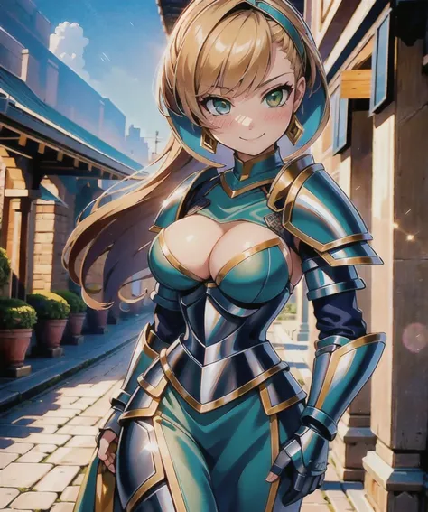 masterpiece, best quality, highres, extremely detailed, (cg illustration), 
((1girl as armored knight)) with 
(detailed face and glossy detailed green eyes), 
outdoors, medieval, arabic city, morning, pavement, 
(painterly, depth of field), fine details, (...