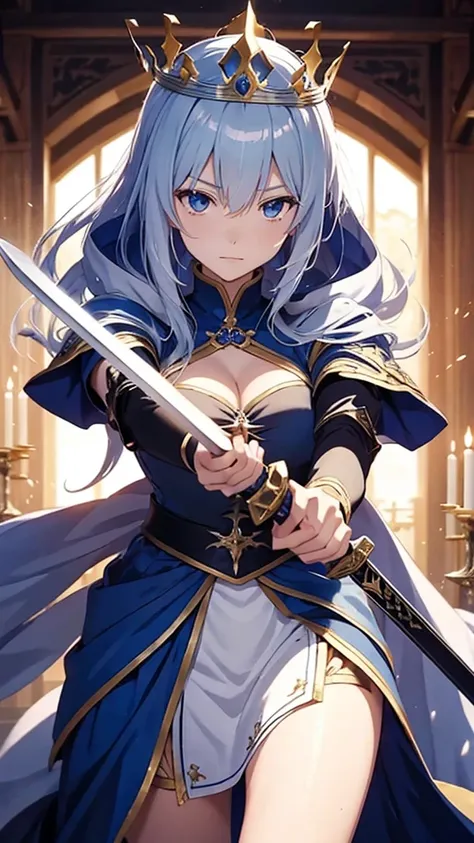 a close-up of a woman with a crown holding a sword, an anime drawing inspired by Li Chevalier, pixiv, Fantasyart, artoria pendragon, Destiny grand order, Destiny / stay overnight, she is holding a sword, anime style like Destiny/stay overnight, capa de lig...