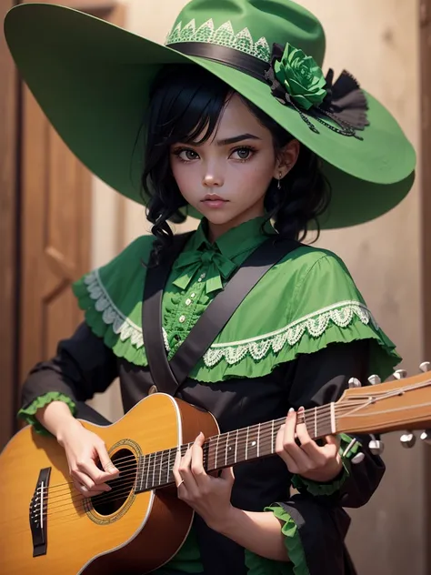 Make a skull, take care of the detail in the bones, dry, crea una combinacion de ropa de dry y mariachi, green clothing color, dessert details on the hat, black hair, generates a big hat, place a guitar, do not multiply the instrument 