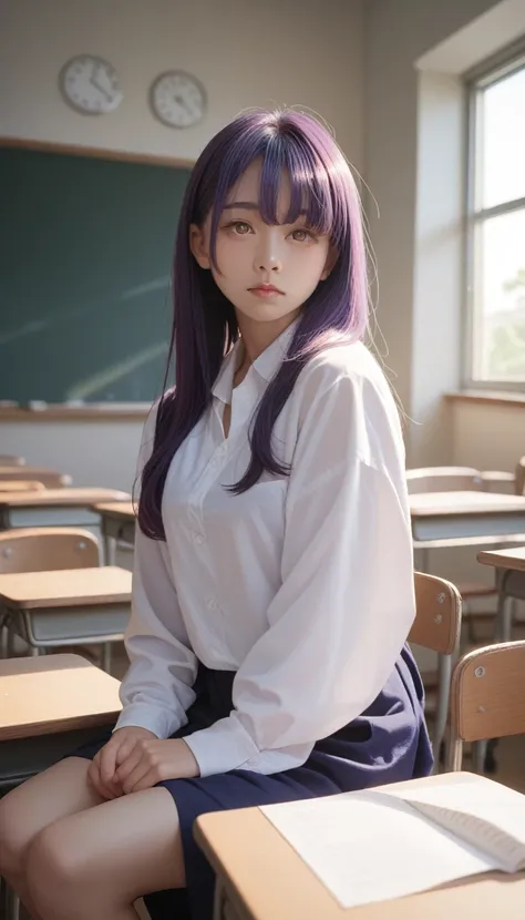 score_9_up, score_8_up, score_7_up, score_6_up,1 Girl, Long midnight purple hair, Golden light eyes, Sitting in the classroom, White modern school, Japanese cartoons